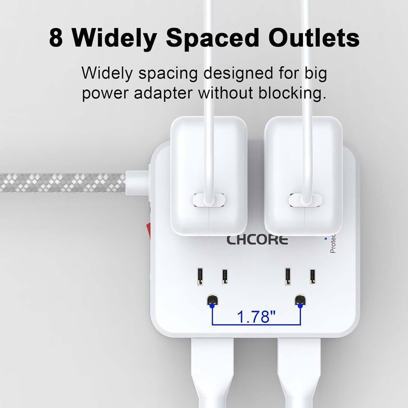 Core Surge Protector Power Strip - 10 Ft Braided Extension Cord with 8 Outlets with 4 USB (2 USB C) Charging Ports, Flat Plug Multi Plug Outlet Extender Charging Station for Home Office, ETL, White - Image 4